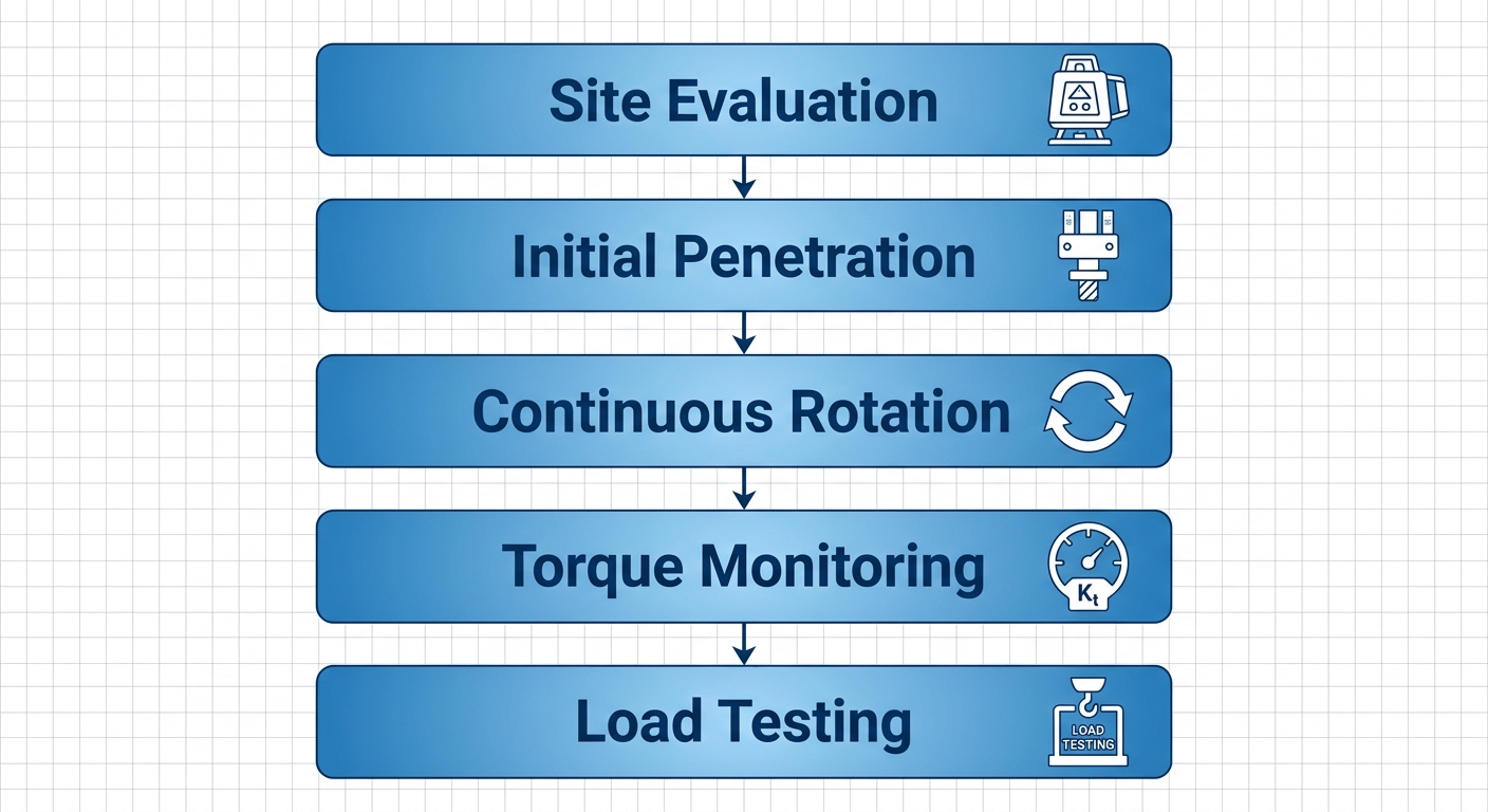 Vertical process flow diagram of helical pile installation with five stages: site evaluation, initial penetration, continuous rotation, torque monitoring, and load testing.