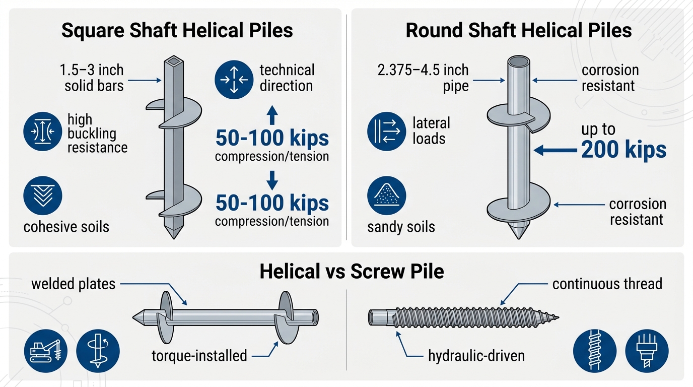 Infographic comparing Square Shaft and Round Shaft Helical Piles specifications side-by-side, plus Helical vs Screw Piles, in blue and gray with technical diagrams.