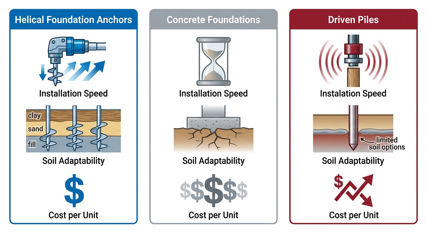 Infographic comparing helical foundation anchors, concrete foundations, and driven piles across installation speed, soil adaptability, and cost per unit.