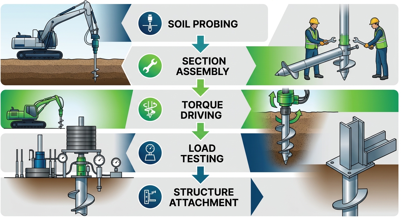 Vertical process flow diagram illustrating five stages of helical foundation anchor installation: soil probing, assembly, rotational driving, load testing, and structure attachment.