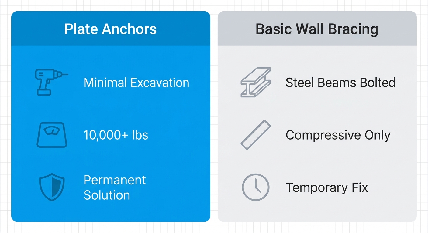 Infographic comparing Plate Anchors and Basic Wall Bracing features in foundation repair