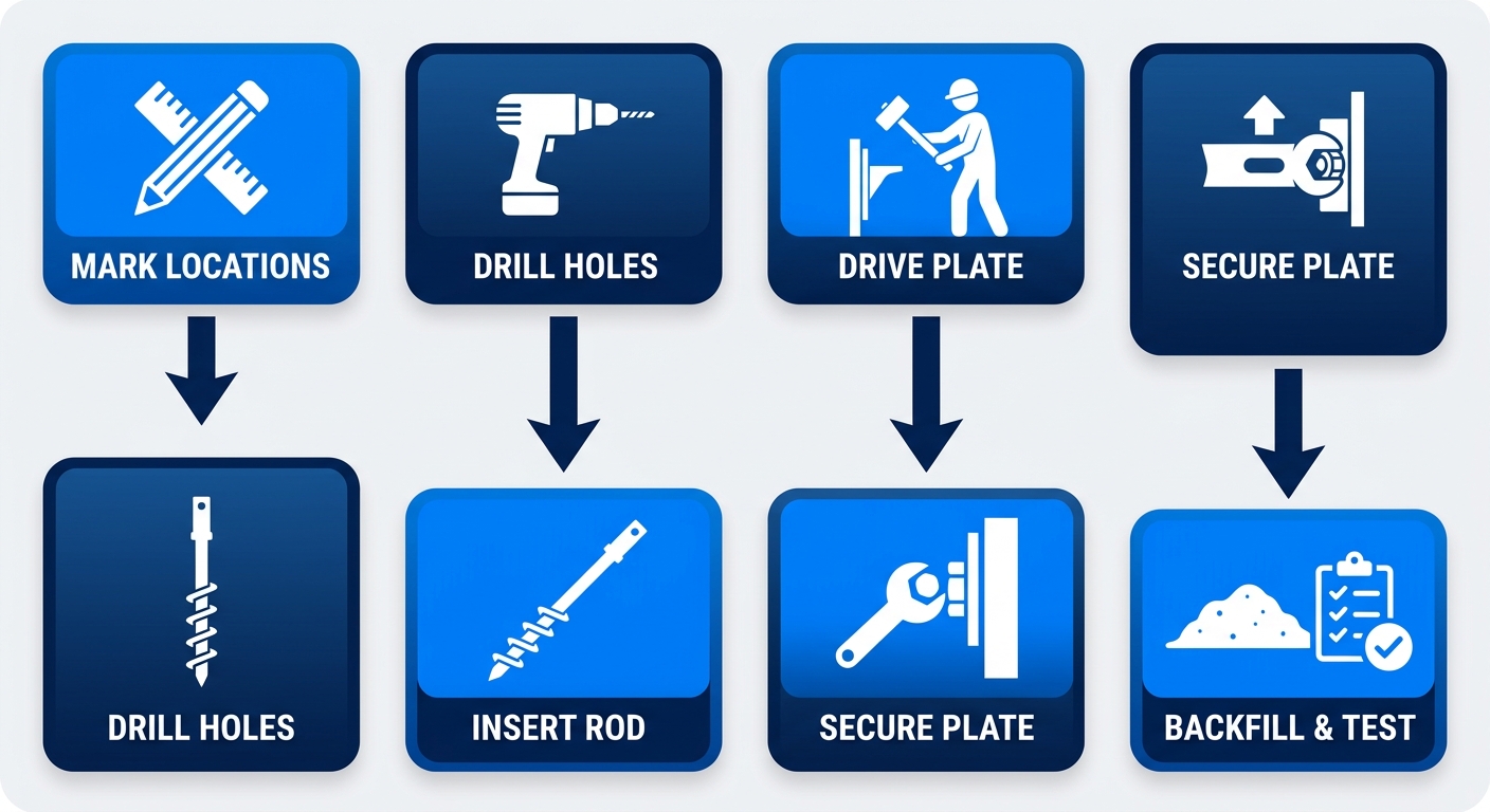 Vertical process flow diagram illustrating 6 steps of plate anchor installation for basement walls: marking locations, drilling holes, inserting rod, driving plate, securing plate, backfilling and testing.