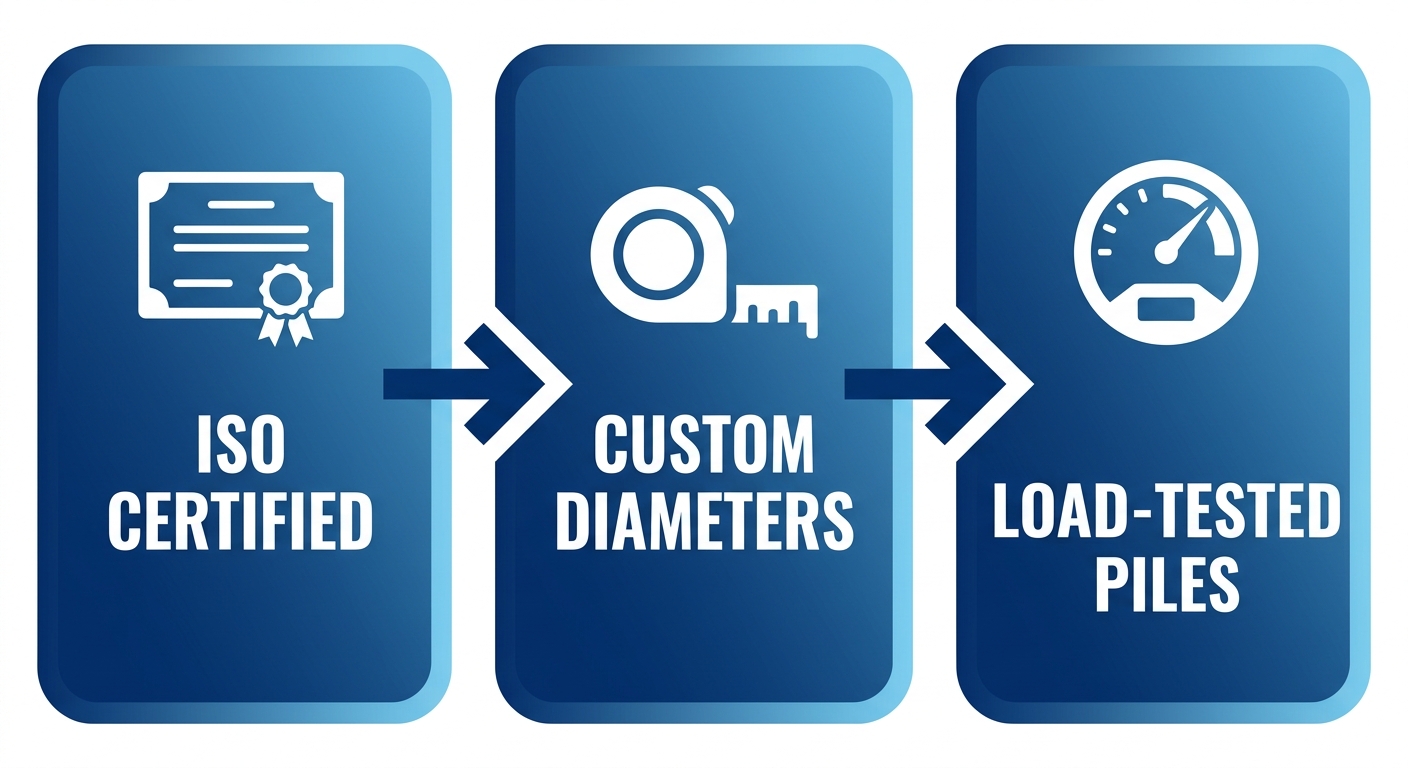 Horizontal process flow diagram illustrating three key steps to identify top US helical pile suppliers: ISO certification, custom shaft diameters, and load-tested piles.