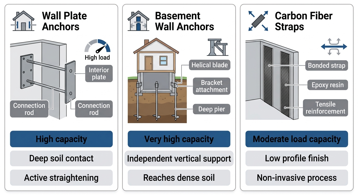 Infographic comparing three wall stabilization methods: wall plate anchors with steel plates and rods, basement wall anchors with piers, and carbon fiber straps, featuring icons and key load capacities.