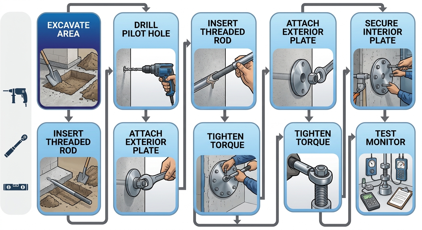 Vertical process flow diagram illustrating 7 steps for installing wall plate anchors with tools sidebar