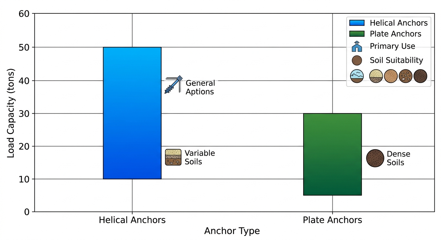 Horizontal bar chart comparing load capacities, primary use, and soil suitability of helical anchors versus plate anchors for commercial projects