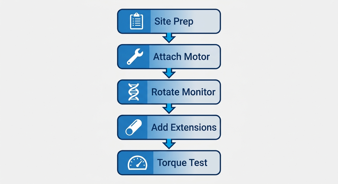 Vertical process flow diagram of five steps for helical anchor installation: site preparation, attach motor, rotate into soil, add extensions, torque verification.