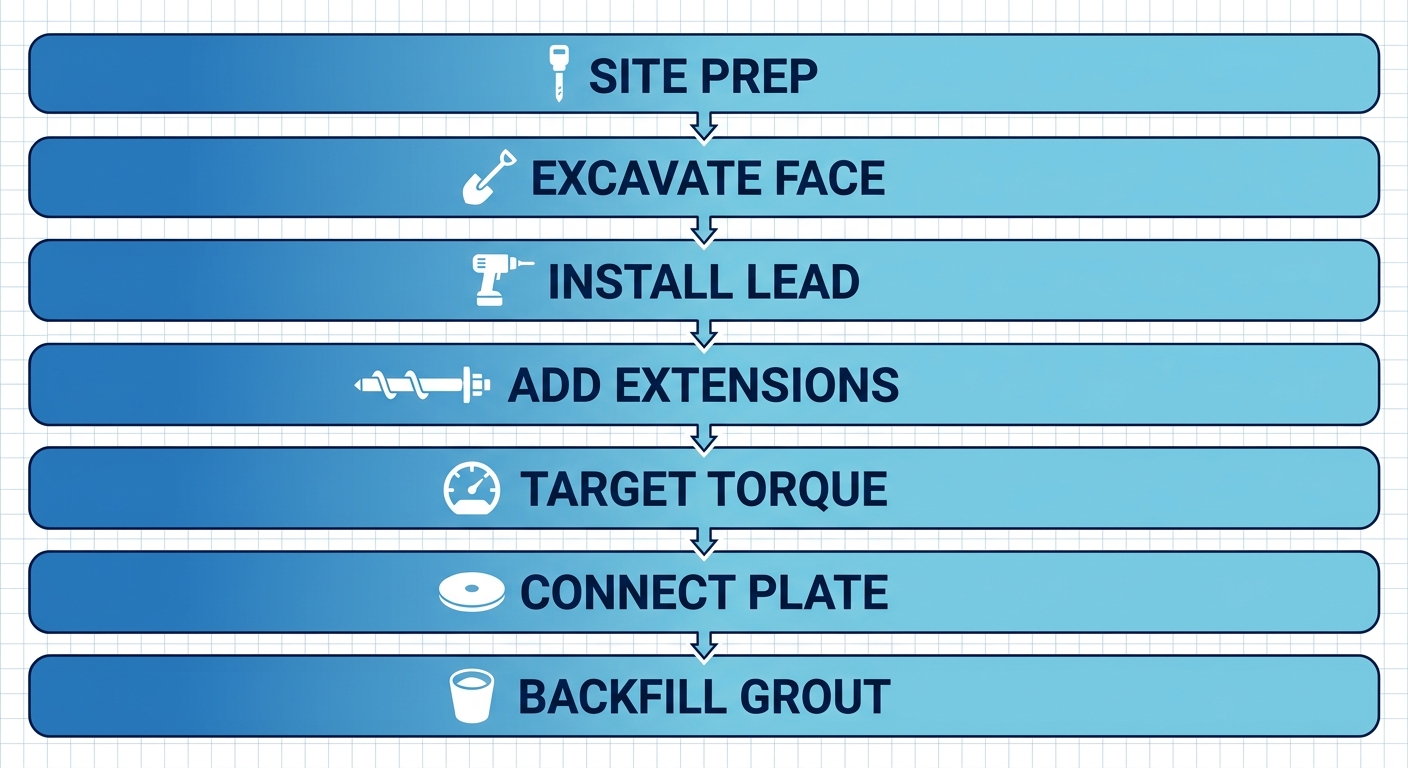 Vertical process flow diagram showing 7 steps for installing helical tieback anchors in retaining walls with icons