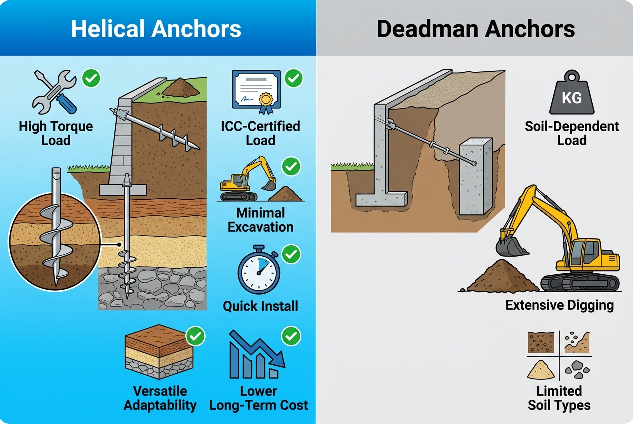 Infographic comparing advantages of Helical Anchors over Deadman Anchors in load capacity, installation time, soil adaptability, and cost for retaining walls