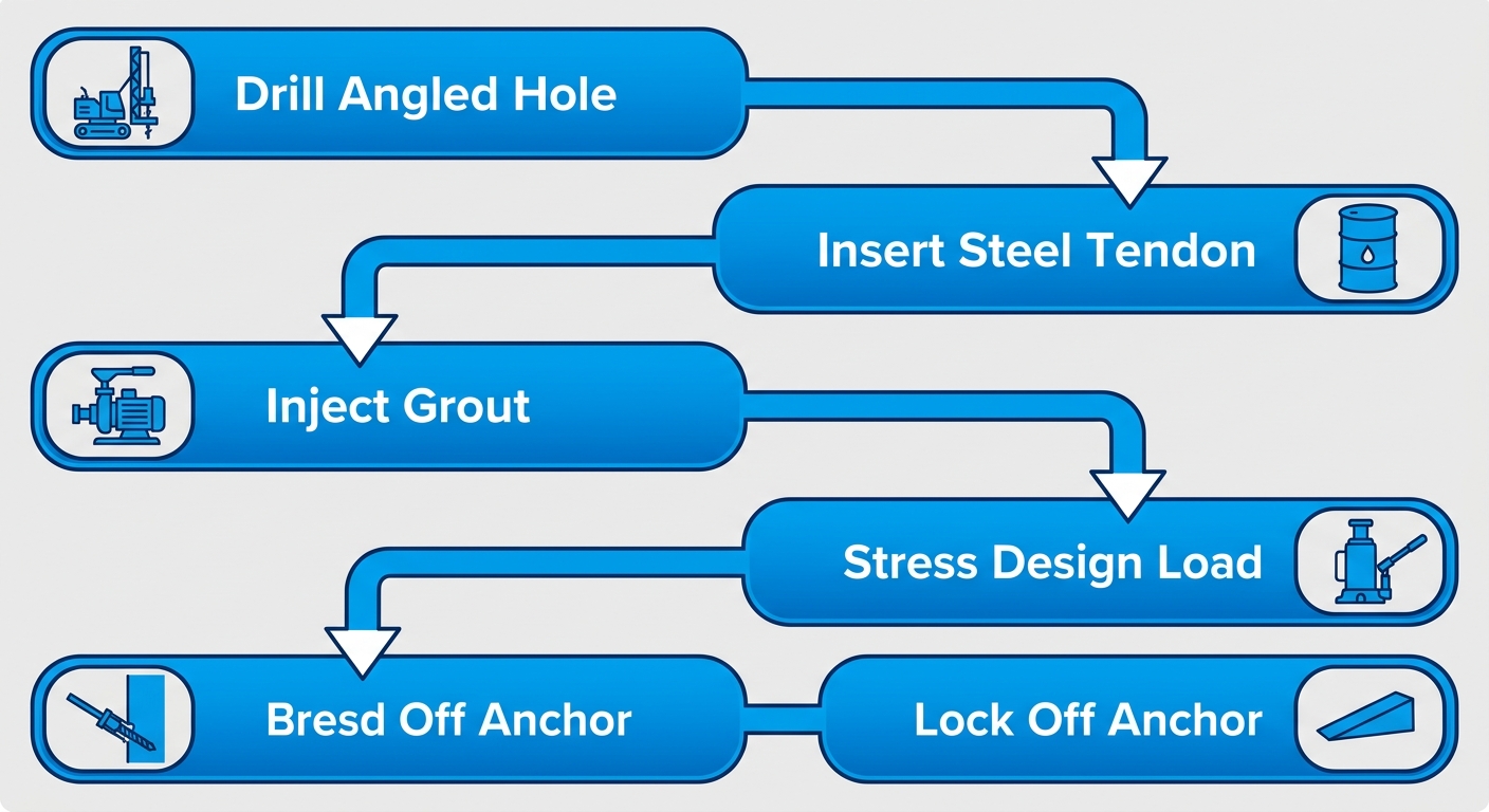 Accessibility diagram of five-stage vertical process flow for tieback anchor installation including drilling, tendon insertion, grouting, stressing, and locking.