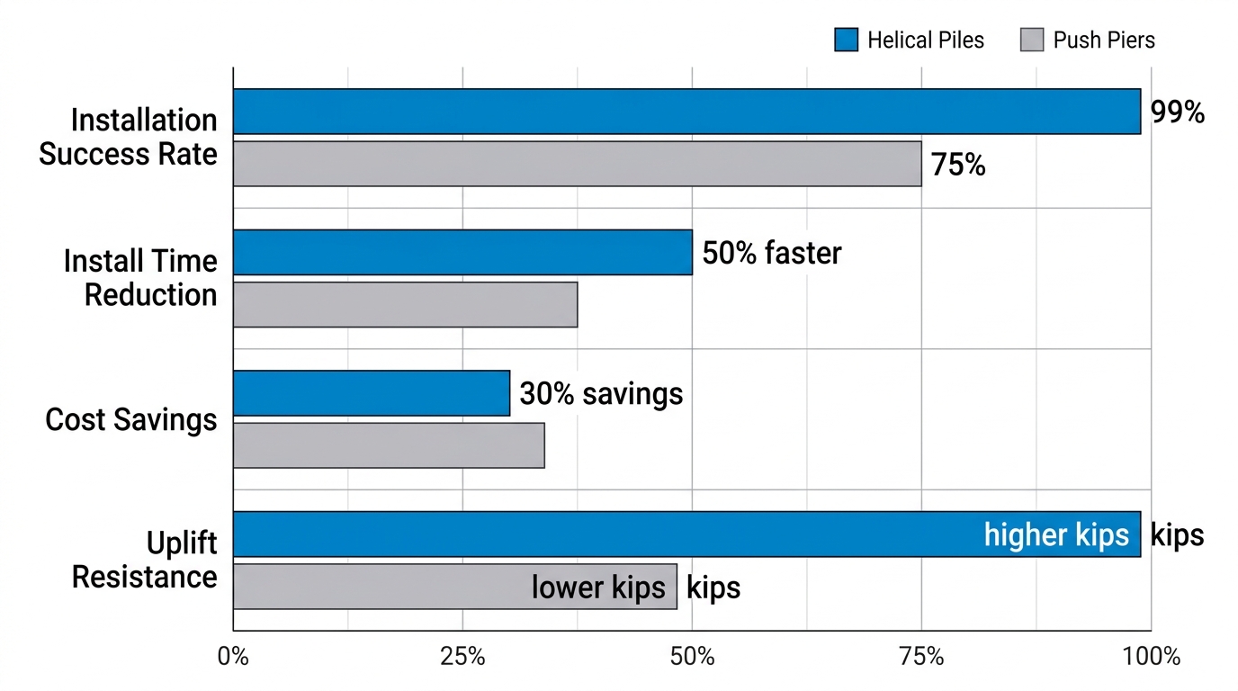 Horizontal bar chart comparing helical piles superior performance to push piers in installation success rate 99% vs 75%, 50% faster install time, 30% cost savings, higher uplift resistance.