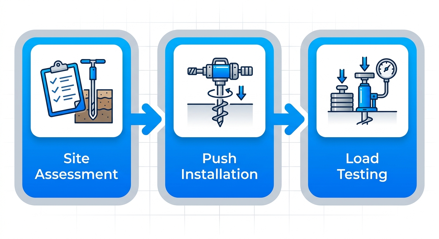 Horizontal process flow diagram of three-step helical piles installation: site assessment, direct-push installation, and load testing.