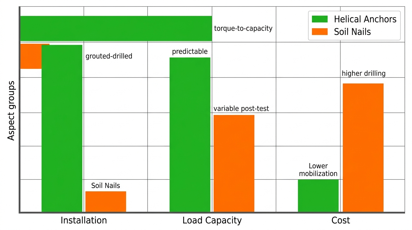 Horizontal grouped bar chart comparing Helical Anchors and Soil Nails on installation, load capacity, and cost for earth retention applications