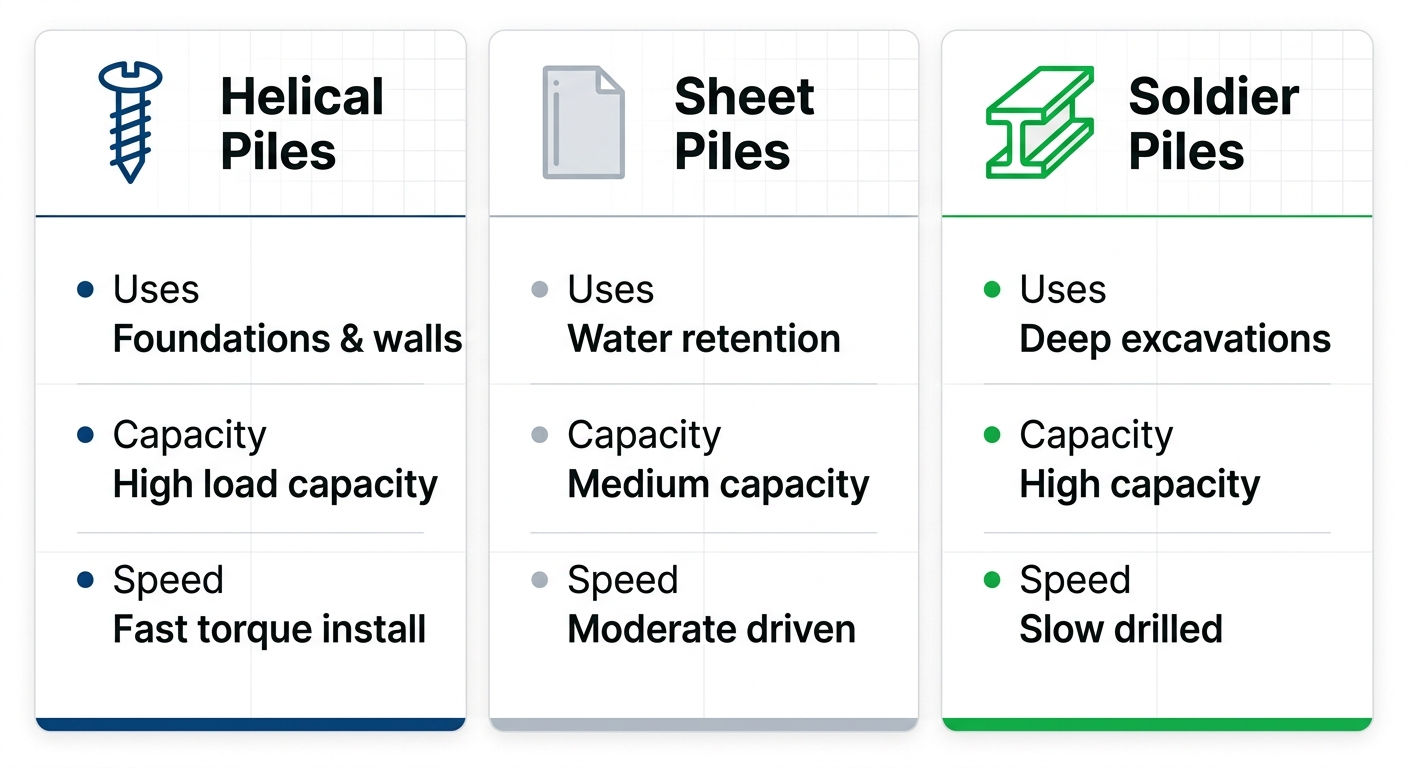Infographic comparing Helical Piles, Sheet Piles, and Soldier Piles earth retention systems with icons, uses, load capacities, and installation speeds.