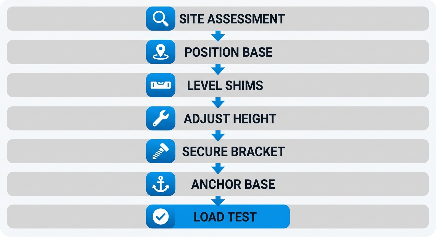 Vertical process flow diagram illustrating seven steps for installing floor stabilizer post kits from site assessment to load testing.
