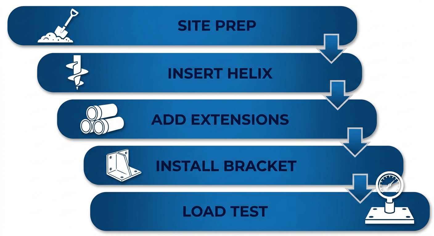 Vertical process flow illustration of helical pier installation steps: site preparation, helix insertion, extensions, bracket installation, and load testing.