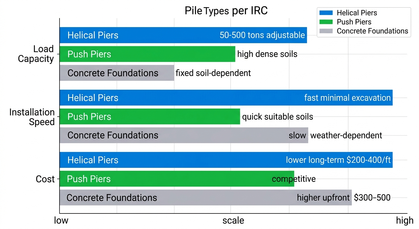 Horizontal grouped bar chart comparing Helical Piers, Push Piers, and Concrete Foundations on load capacity, installation speed, and cost per IRC standards.