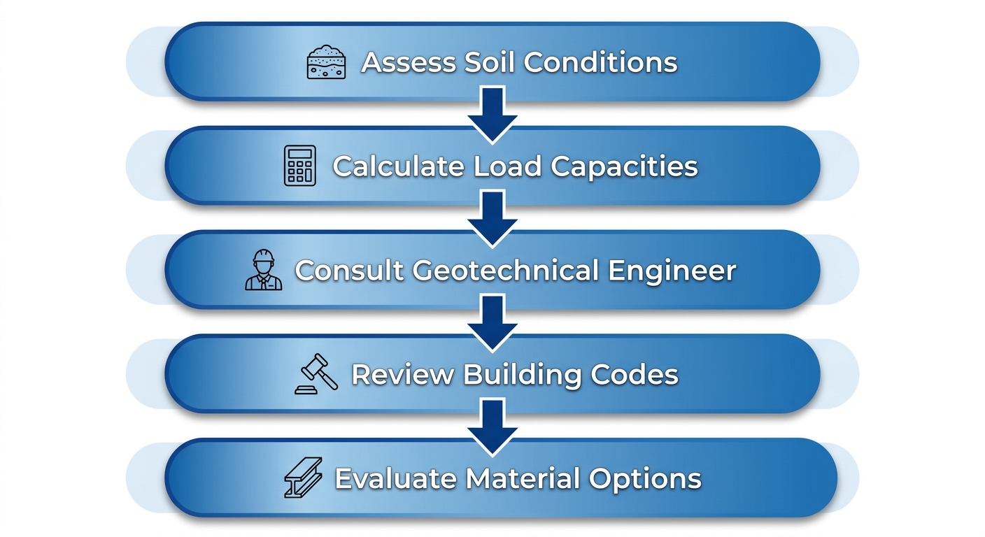 Vertical process flow diagram illustrating five key stages in preparing to purchase helical tiebacks: assess soil conditions, calculate loads, consult engineer, review codes, evaluate materials.