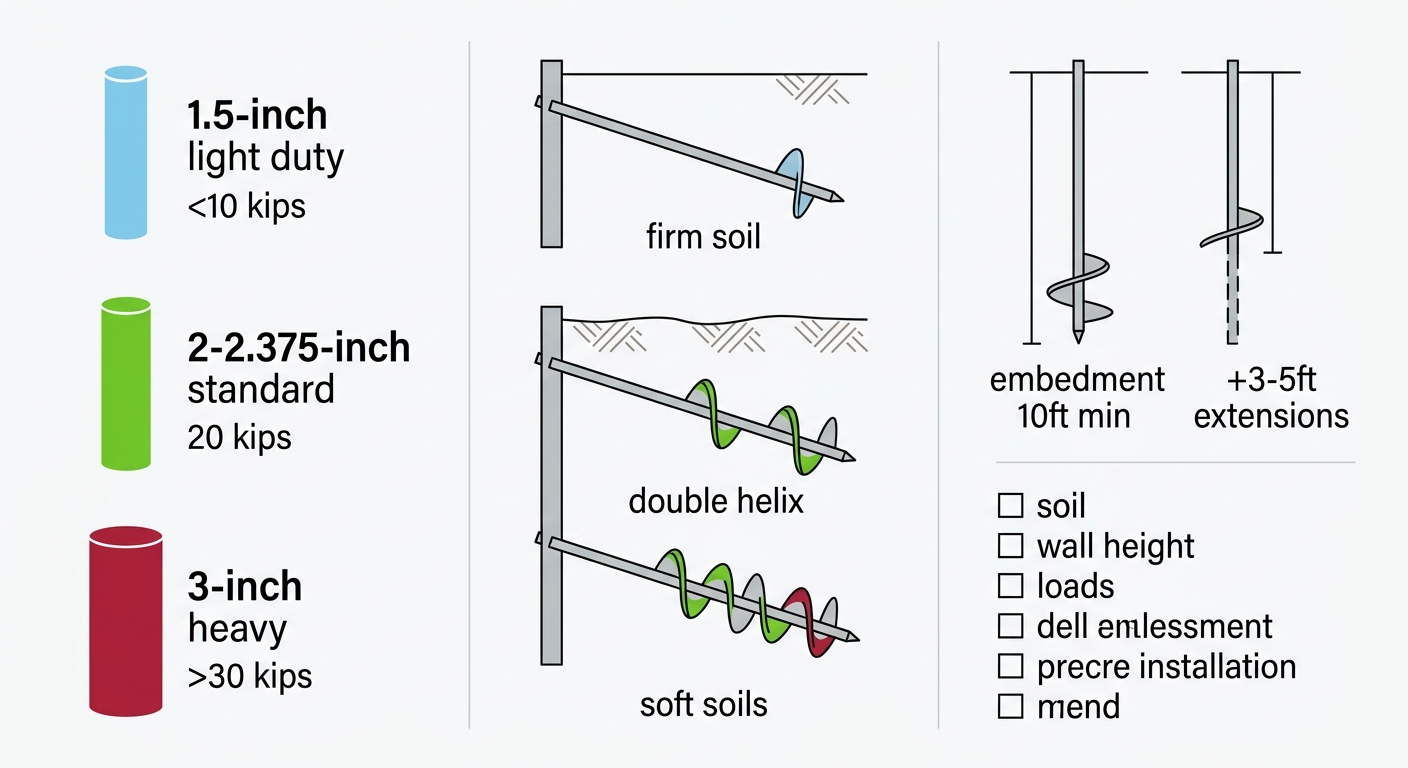 Infographic showing helical tieback shaft diameters, helix configurations, embedment depths with color-coded bars and icons