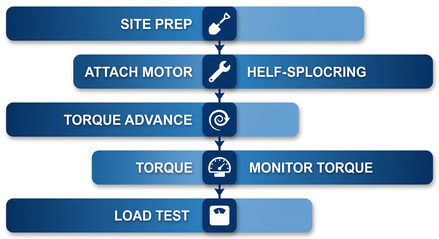Vertical process flow diagram of five stages in helical pile installation: site preparation, attach motor, torque advancement, monitor embedment, load testing with icons and arrows.