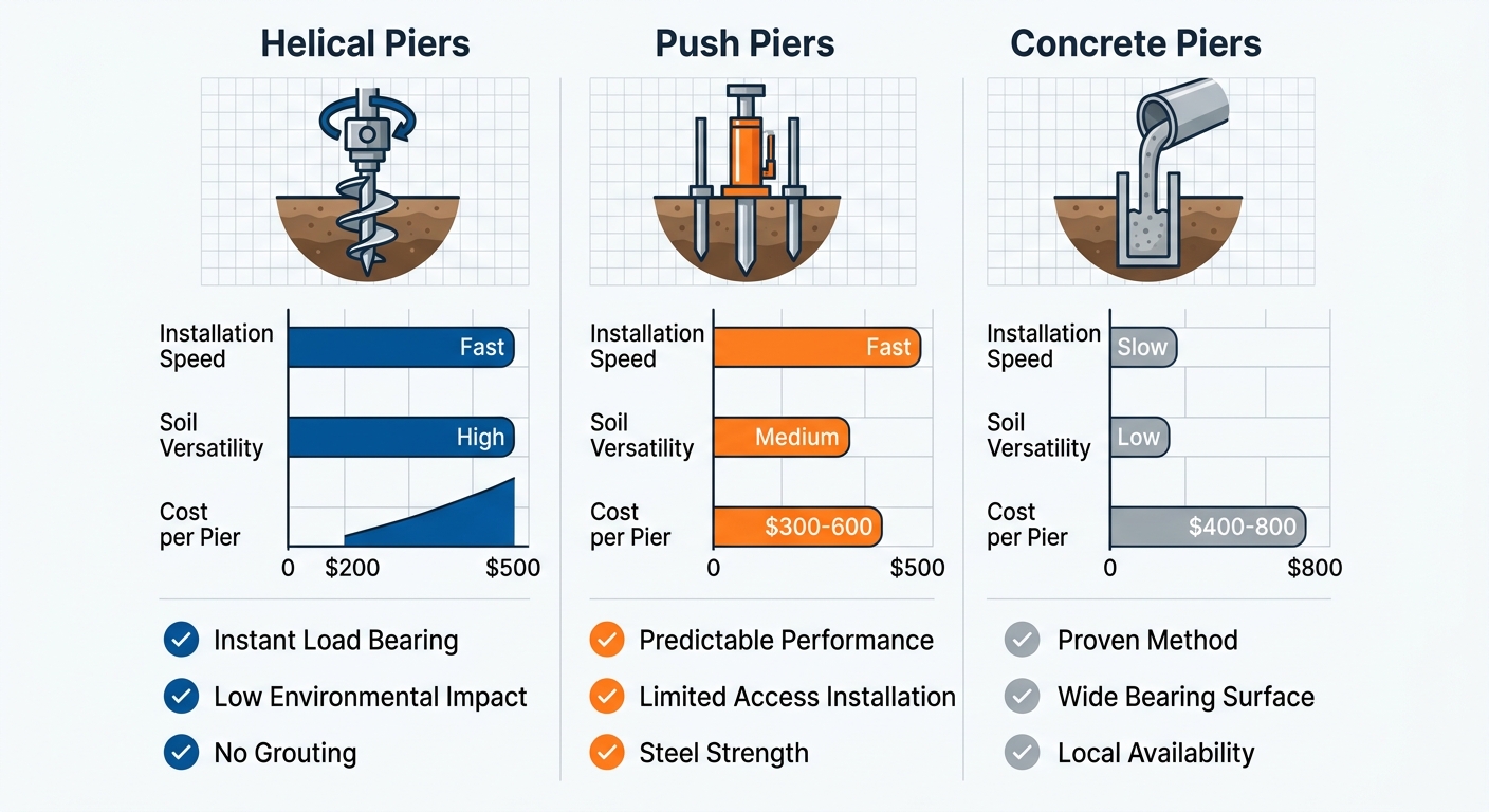Infographic comparing helical piers, push piers, and concrete piers with metrics on installation speed, soil versatility, and cost per pier.