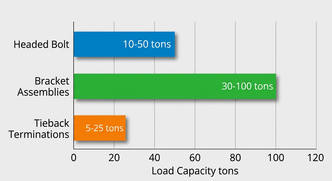Horizontal bar chart comparing helical pier termination fittings load capacities: Headed Bolt 10-50 tons in blue, Bracket Assemblies 30-100 tons in green, Tieback Terminations 5-25 tons in orange, scaled to 120 tons