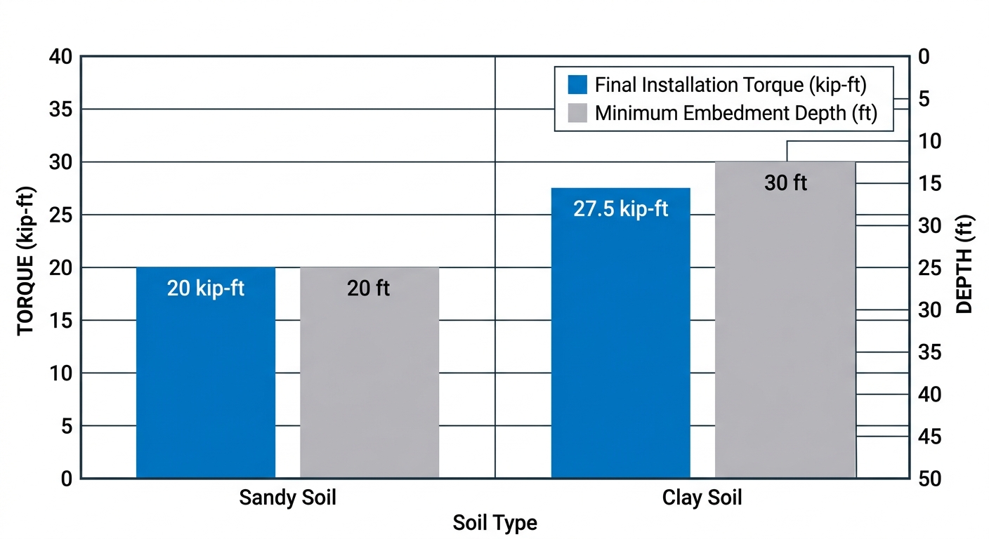 Clustered bar chart of torque kip-ft and depth ft criteria for helical pier termination in sandy and clay soils per ICC standards