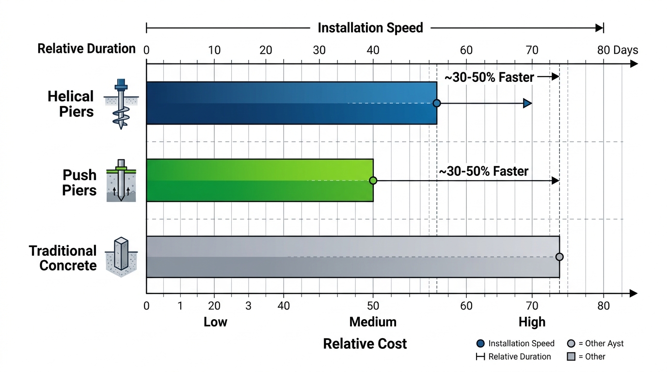 Horizontal bar chart comparing cost and installation speed of helical piers, push piers, and concrete foundations, highlighting helical advantages.