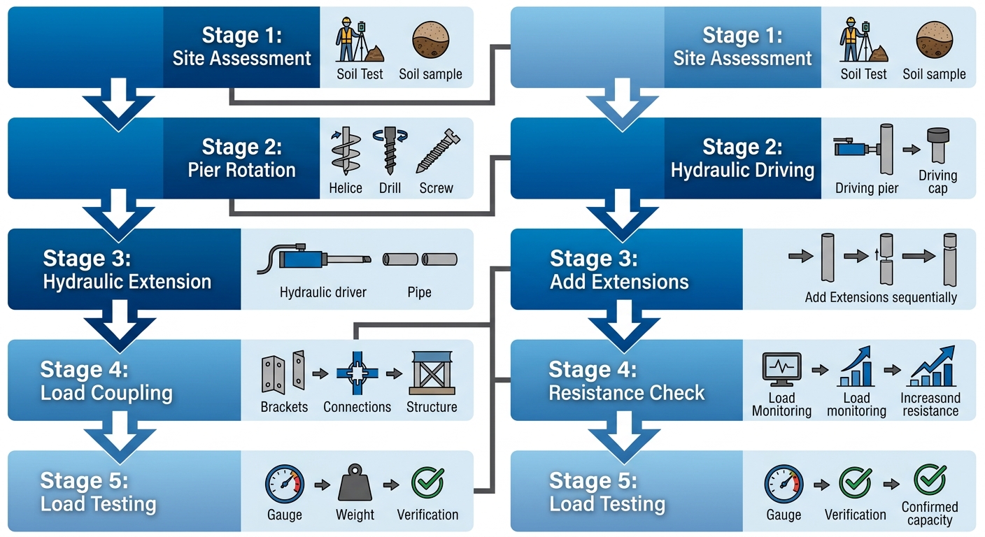 Vertical process flow diagram of deep foundation stabilization using helical piers and push piers installation stages