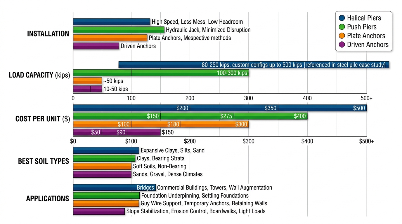 Horizontal grouped bar chart comparing Helical Piers, Push Piers, Plate Anchors, and Driven Anchors across installation, load capacity, cost, soil types, and applications with performance metrics.