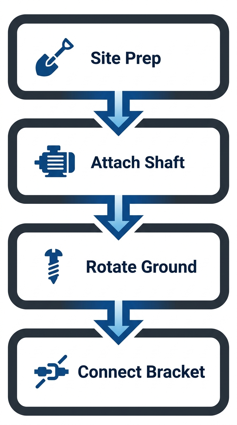 Vertical process flow diagram of helical piers installation in four illustrated stages with icons and minimal labels