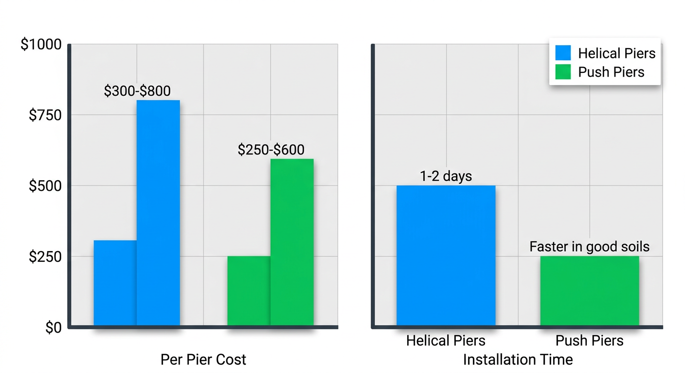 Dual bar charts comparing costs and installation times of Helical Piers versus Push Piers for commercial foundations