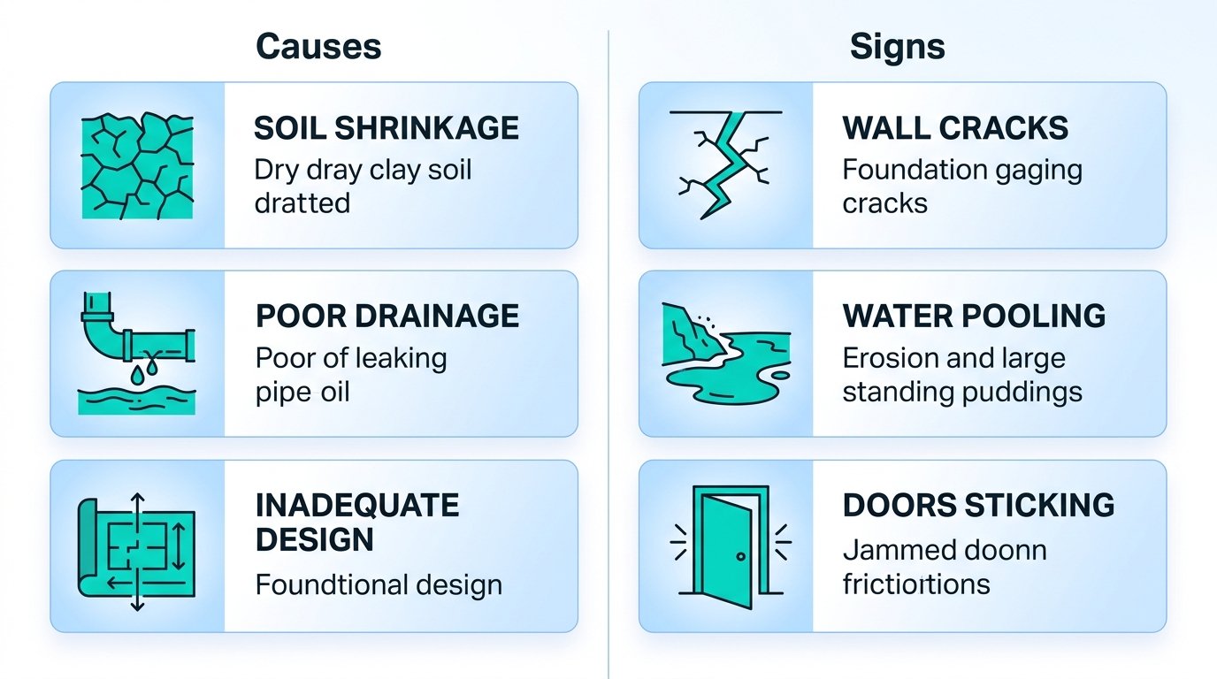 Infographic comparing causes and signs of commercial foundation stabilization issues with icons and minimal labels