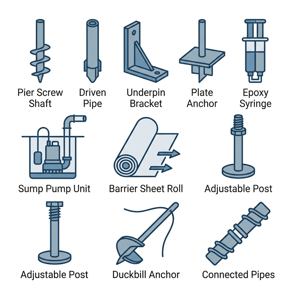 Square grid of 10 icons for top foundation repair tools: helical pier, push pier, underpinning bracket, plate anchor, crack repair epoxy, sump pump, vapor barrier, floor stabilizer, driven anchor, helical pipe extension, with short labels.