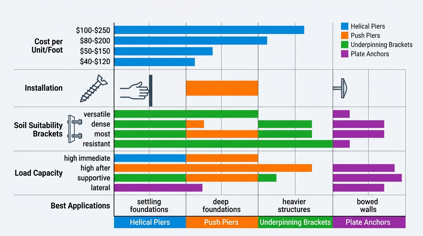 Horizontal bar chart comparing Helical Piers, Push Piers, Underpinning Brackets, and Plate Anchors by cost, installation, soil suitability, load capacity, and applications