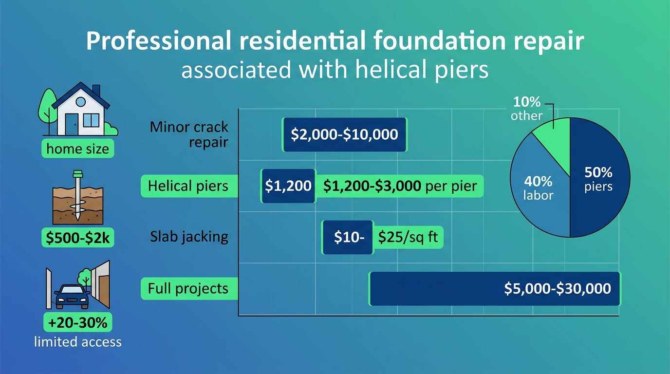 Infographic illustrating residential foundation repair cost breakdowns including helical piers, bar and pie charts with factors