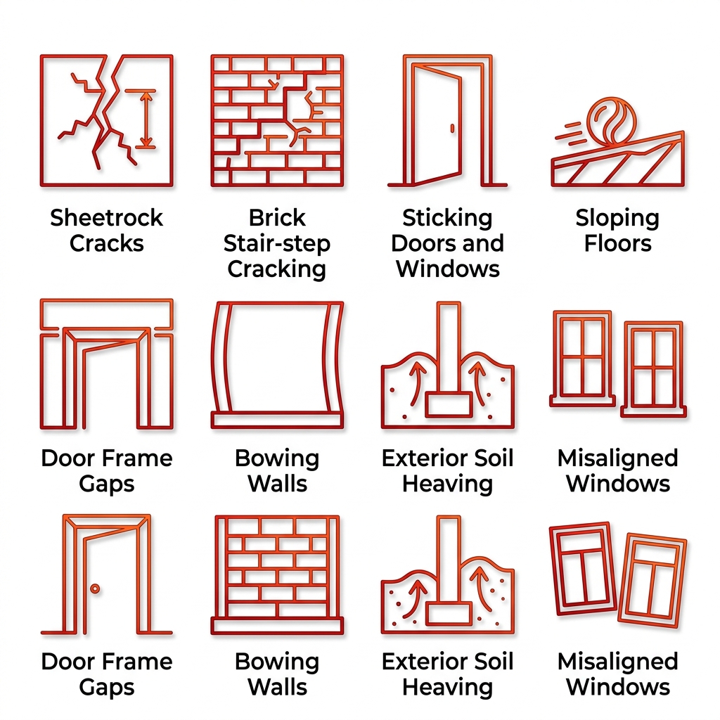 2x4 grid of outline icons depicting foundation warning signs: sheetrock cracks wider than 1/8 inch, stair-step brick cracks, sticking doors and windows, sloping floors, door frame gaps, bowing walls, heaving soil, misaligned windows