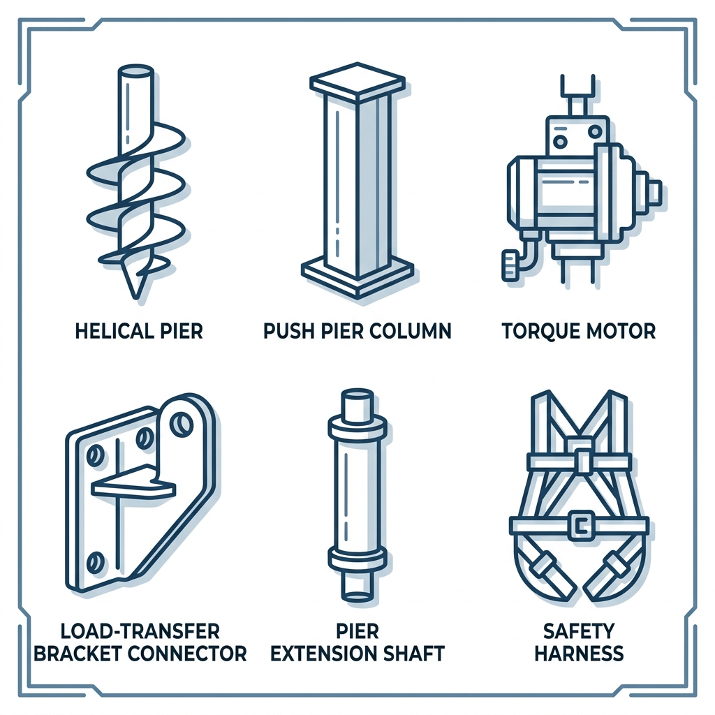 Grid of six modern line icons for house stabilization equipment: helical pier, push pier, hydraulic torque motor, load-transfer bracket, pier extension, safety harness.