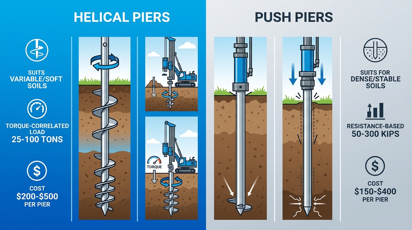 Infographic comparison of helical piers and push piers showing installation methods, suitable soils, load capacities, and costs