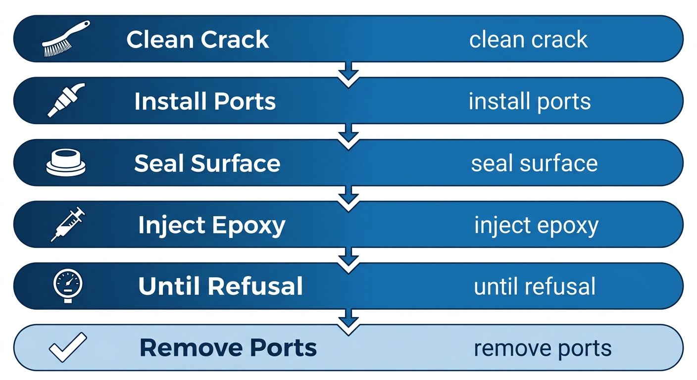 Vertical process flow illustrating six stages of structural injection epoxy application for concrete crack repair