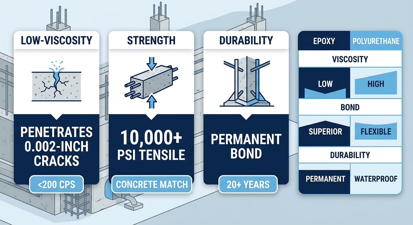 Infographic comparing benefits of structural injection epoxy versus polyurethane for crack repair