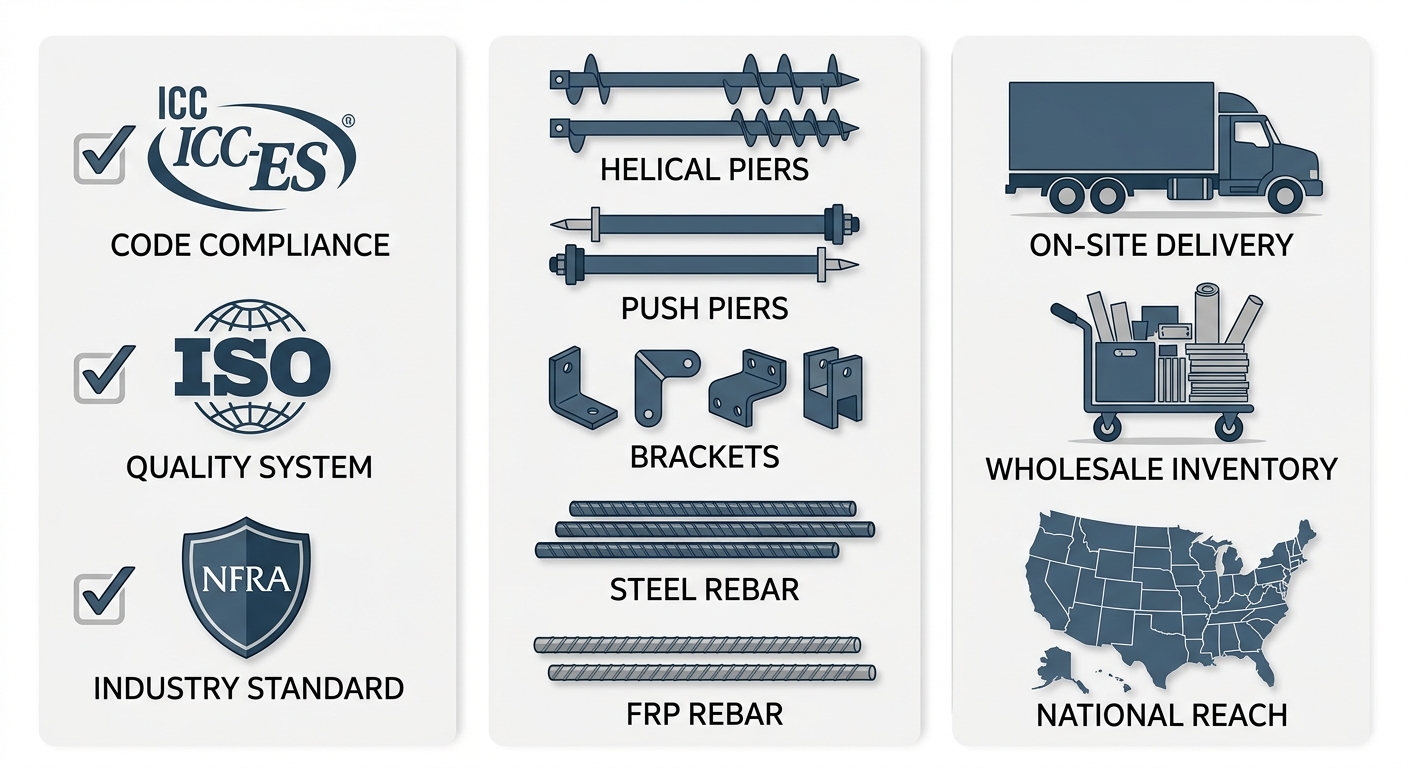 Infographic depicting certifications, helical pier products, and distribution capabilities of foundation repair suppliers