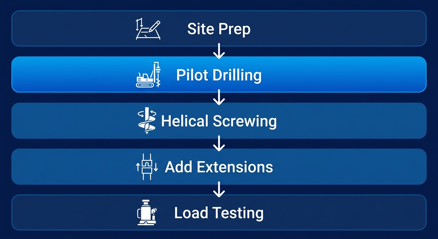 Vertical process flow diagram illustrating five stages of helical pier installation for foundation reinforcement.