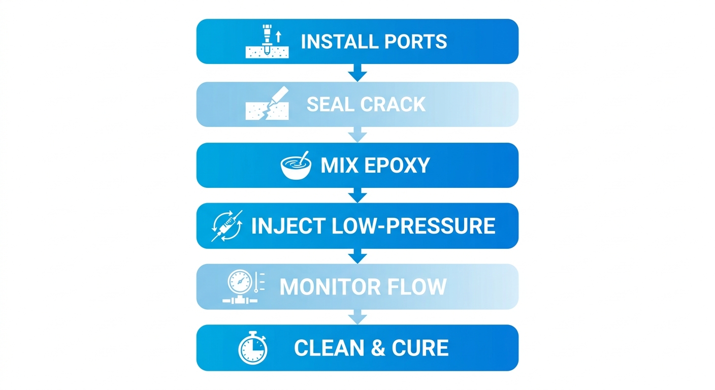 Vertical process flow diagram of six stages for epoxy crack injection in concrete repair: installing ports, sealing, mixing, injecting, monitoring, and curing.