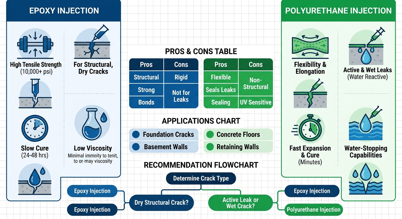Infographic comparing epoxy and polyurethane injection for concrete crack repairs, showing features, pros, cons, applications, and recommendations
