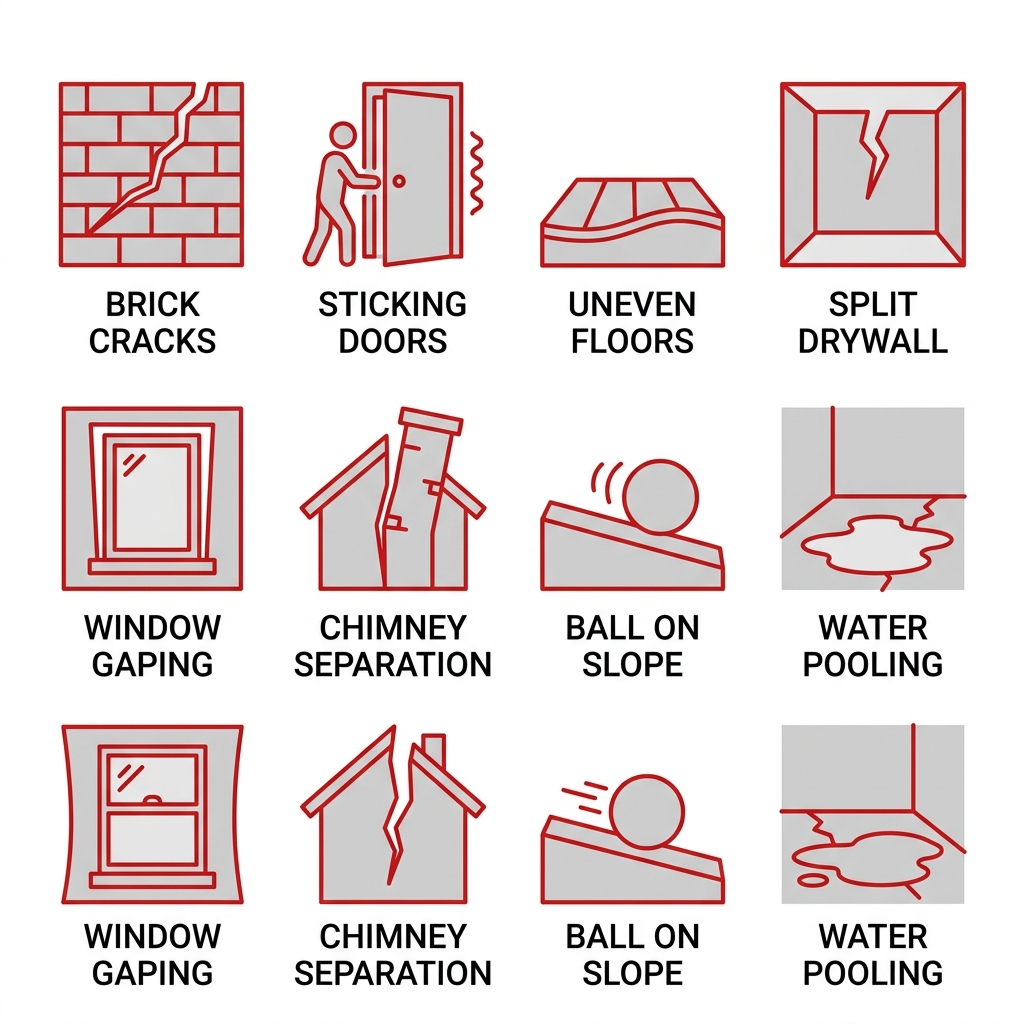 Grid of 8 simple outline icons illustrating common foundation problem signs: cracks, sticking doors, uneven floors, and water pooling.