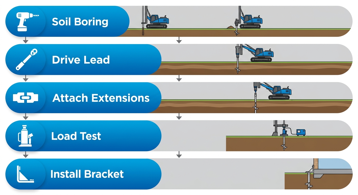 Vertical process flow diagram illustrating 5 stages of helical piers installation: soil boring and excavation, driving lead section, attaching extensions, load testing, and final bracket installation