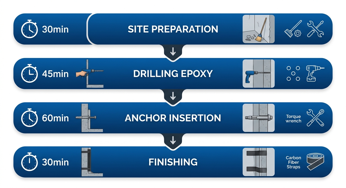 Vertical process flow diagram of four stages in basement wall repair anchors installation: site preparation, drilling and epoxy injection, anchor insertion, and finishing with timelines.