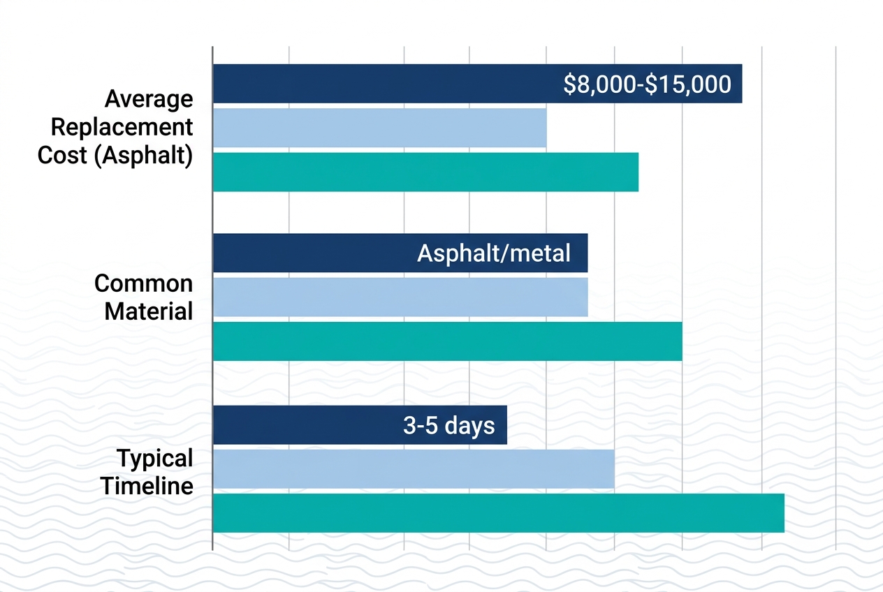 Horizontal bar chart comparing roofing replacement costs, materials, and timelines in Delta, Vancouver, and Surrey BC