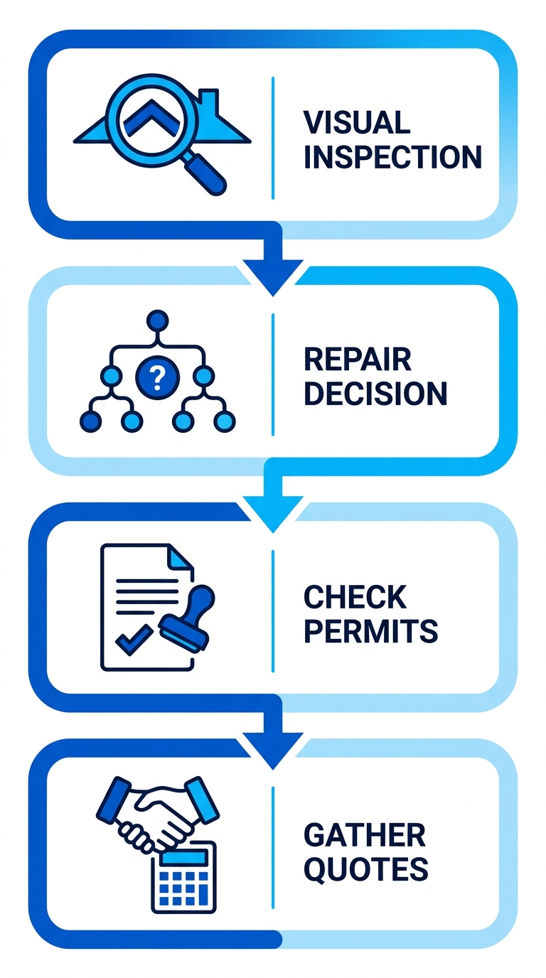 Vertical process flow diagram illustrating four key steps to initiate a roofing project in Port Coquitlam, emphasizing safety inspections and local compliance.